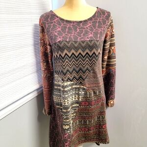 Sacred Threads Sweater Dress Large Aztec Patchwork  Sharkbite Hem 3/4 Sleeve